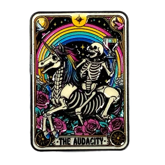 The Audacity Tarot Style Enamel Pin Skeleton Unicorn Rainbow Funny Black Metal - Picture 5 of 5